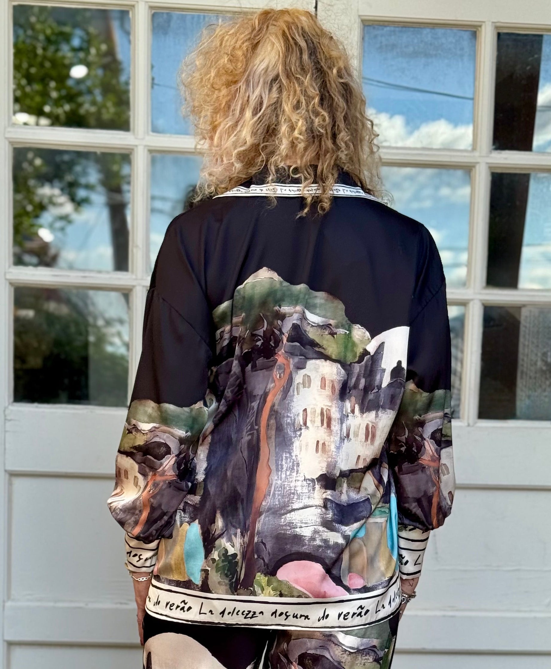 Satin Village Print Long Sleeve Blouse in black at ooh la la! in Grapevine TX 76051