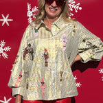 Queen of Sparkles Metallic Stripe Cocktail Serving Nutcracker Button Up Top at ooh la la! in Grapevine TX 76051