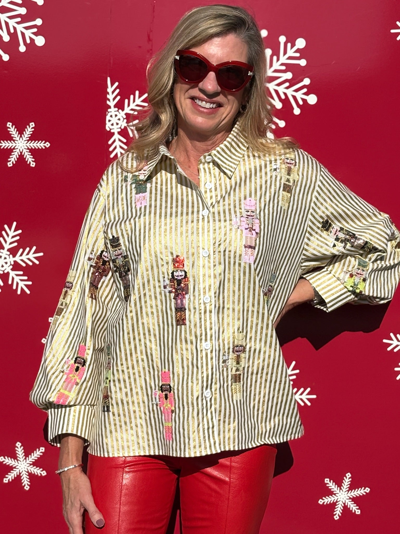 Queen of Sparkles Metallic Stripe Cocktail Serving Nutcracker Button Up Top at ooh la la! in Grapevine TX 76051