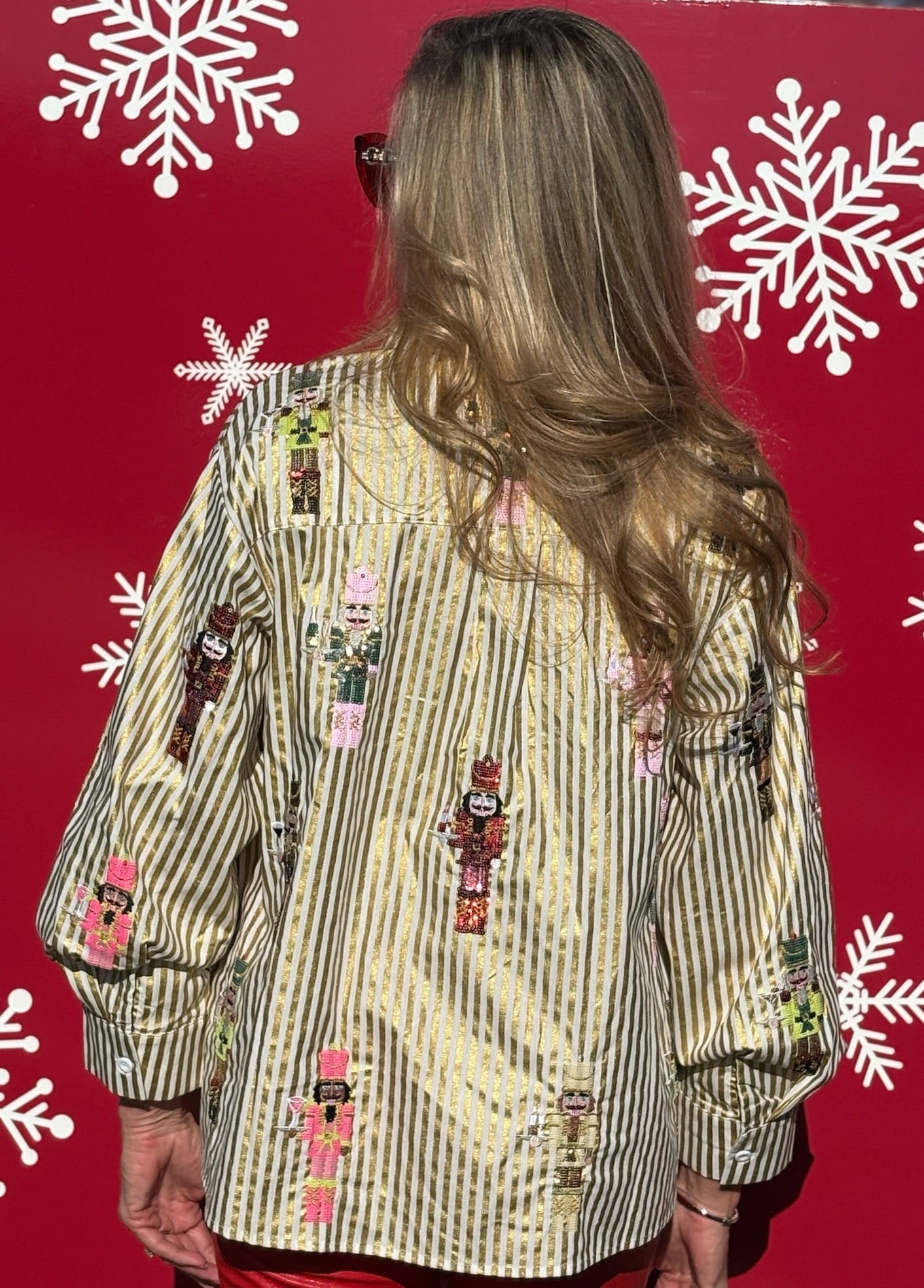 Queen of Sparkles Metallic Stripe Cocktail Serving Nutcracker Button Up Top at ooh la la! in Grapevine TX 76051