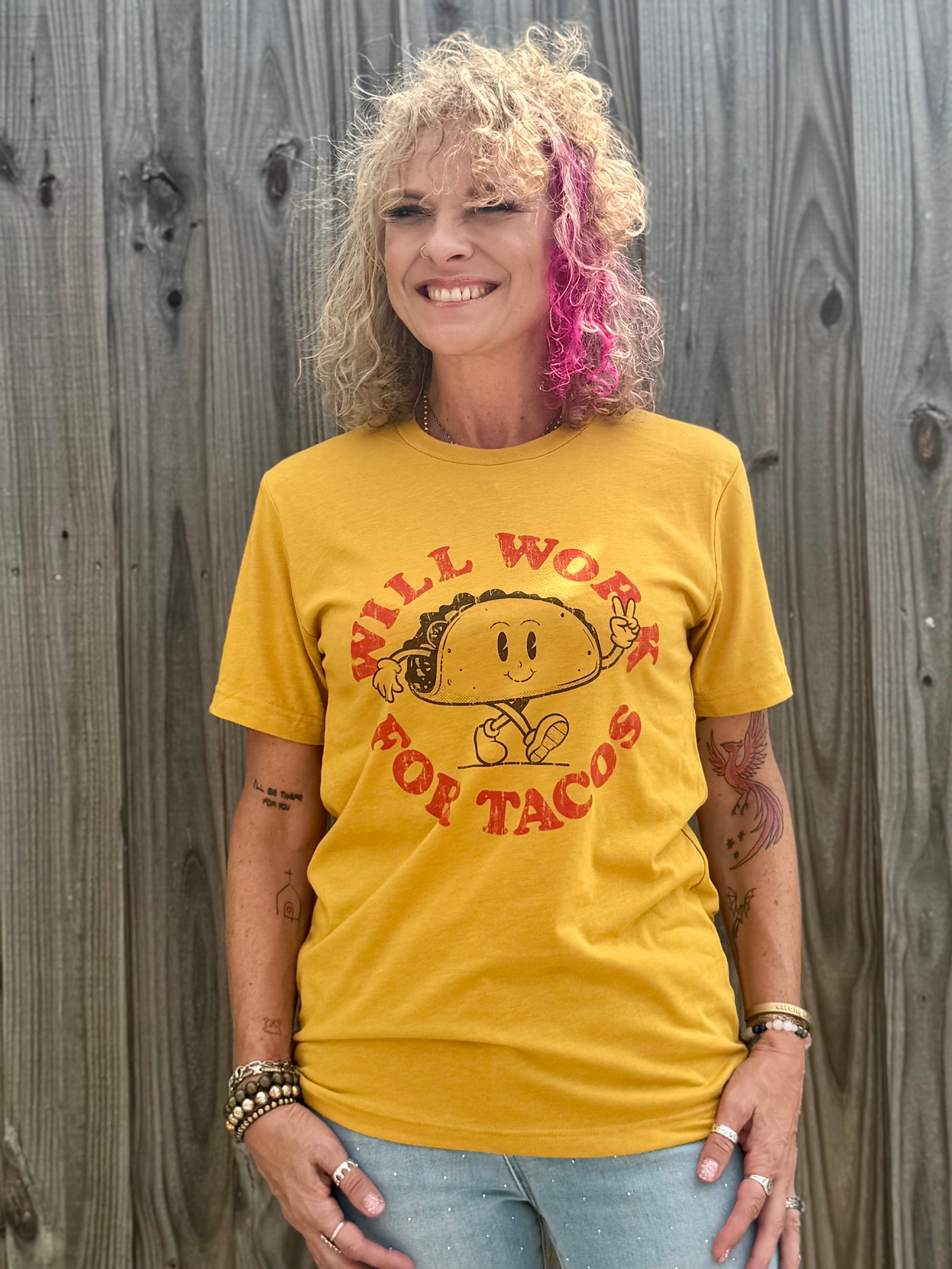Will Work for Tacos Tee at ooh la la! in Grapevine TX 76051