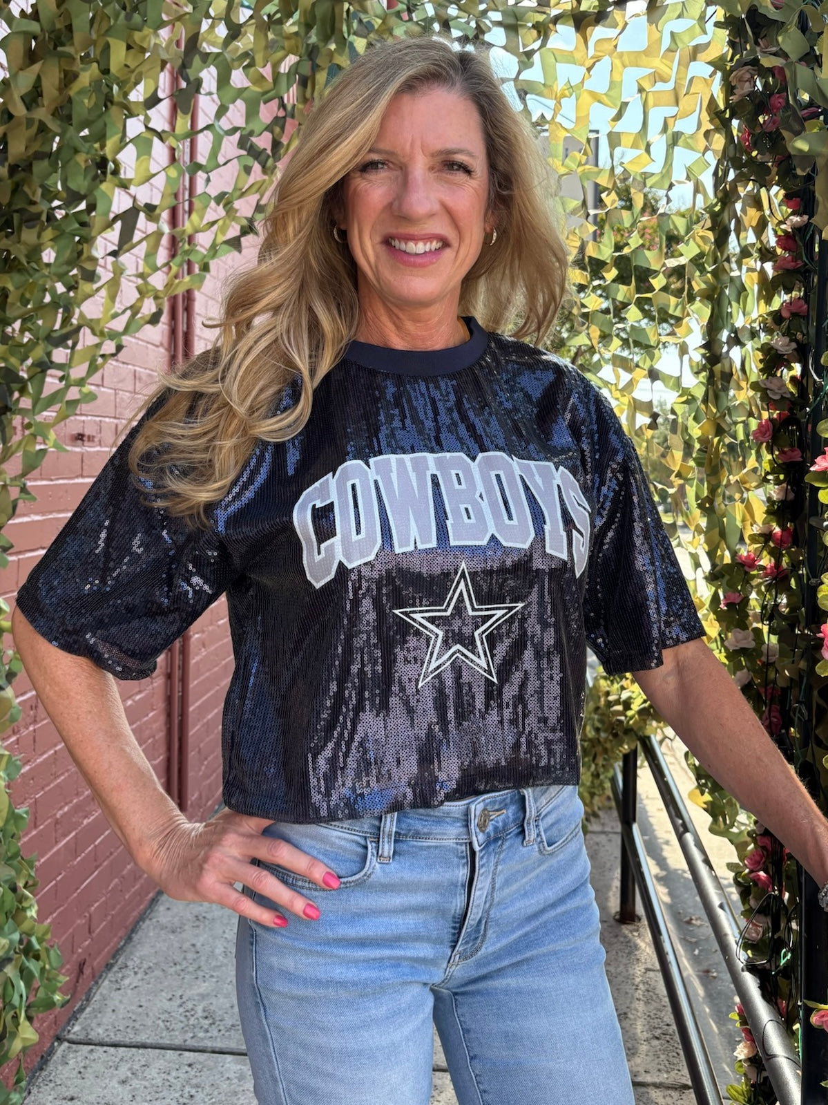 Dallas Cowboys Rise Up Fully Lined Tonal Sequin Crop Top at Ooh La La! in Grapevine TX 76051