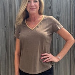 Molly Bracken Gold Beaded Trim V-Neck Top in Taupe at ooh la la! in Grapevine TX 76051