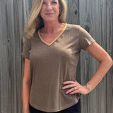 Molly Bracken Gold Beaded Trim V-Neck Top in Taupe at ooh la la! in Grapevine TX 76051