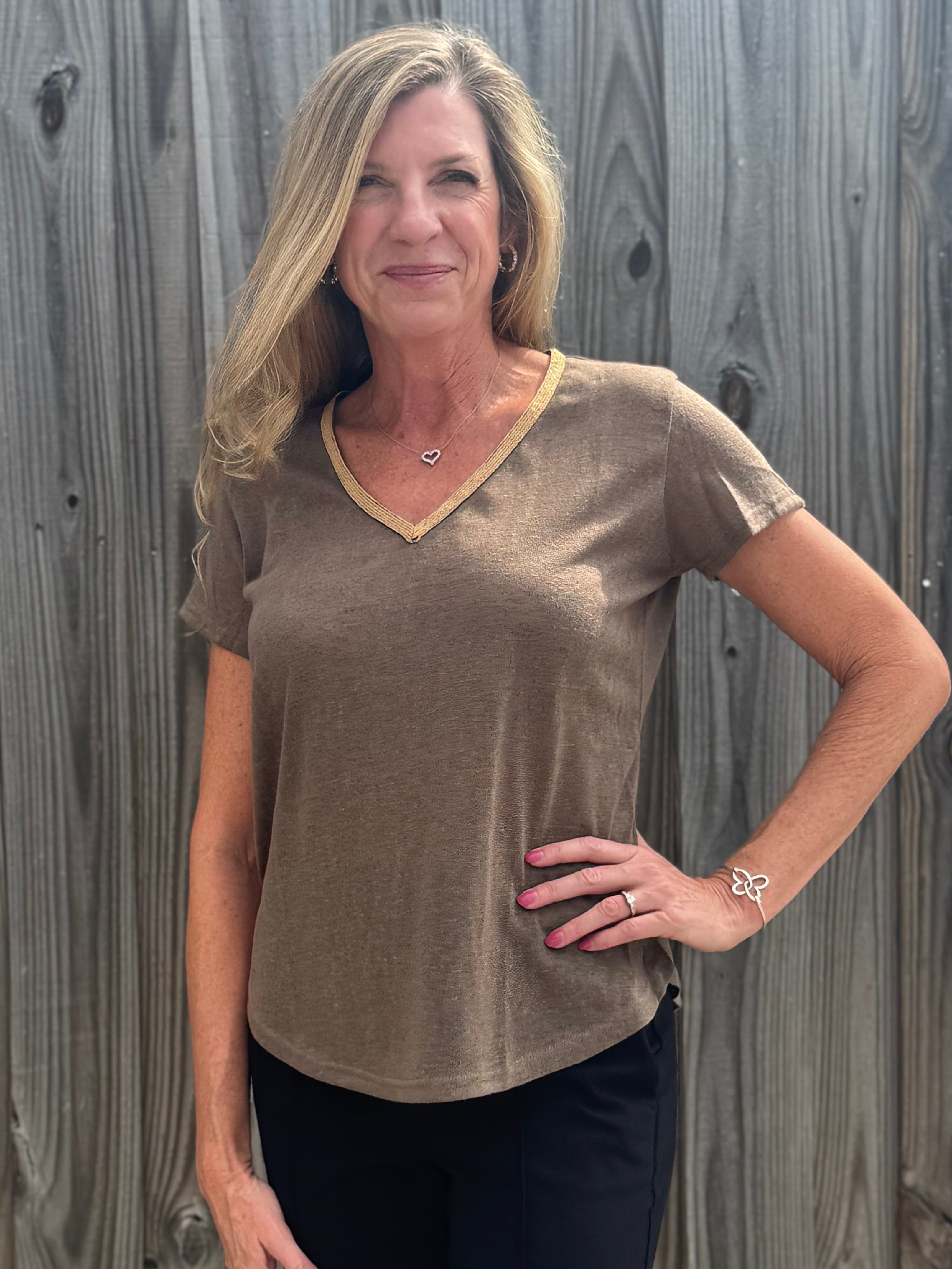 Molly Bracken Gold Beaded Trim V-Neck Top in Taupe at ooh la la! in Grapevine TX 76051