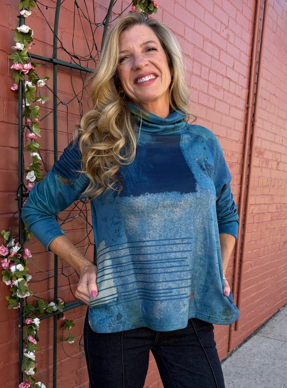 Knit Turtleneck Top in blue blocks at ooh la la! in Grapevine TX 76051