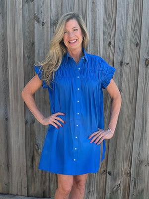 Molly Bracken Ruffle Sleeve Shirt Dress in blue at ooh la la! in Grapevine TX 76051