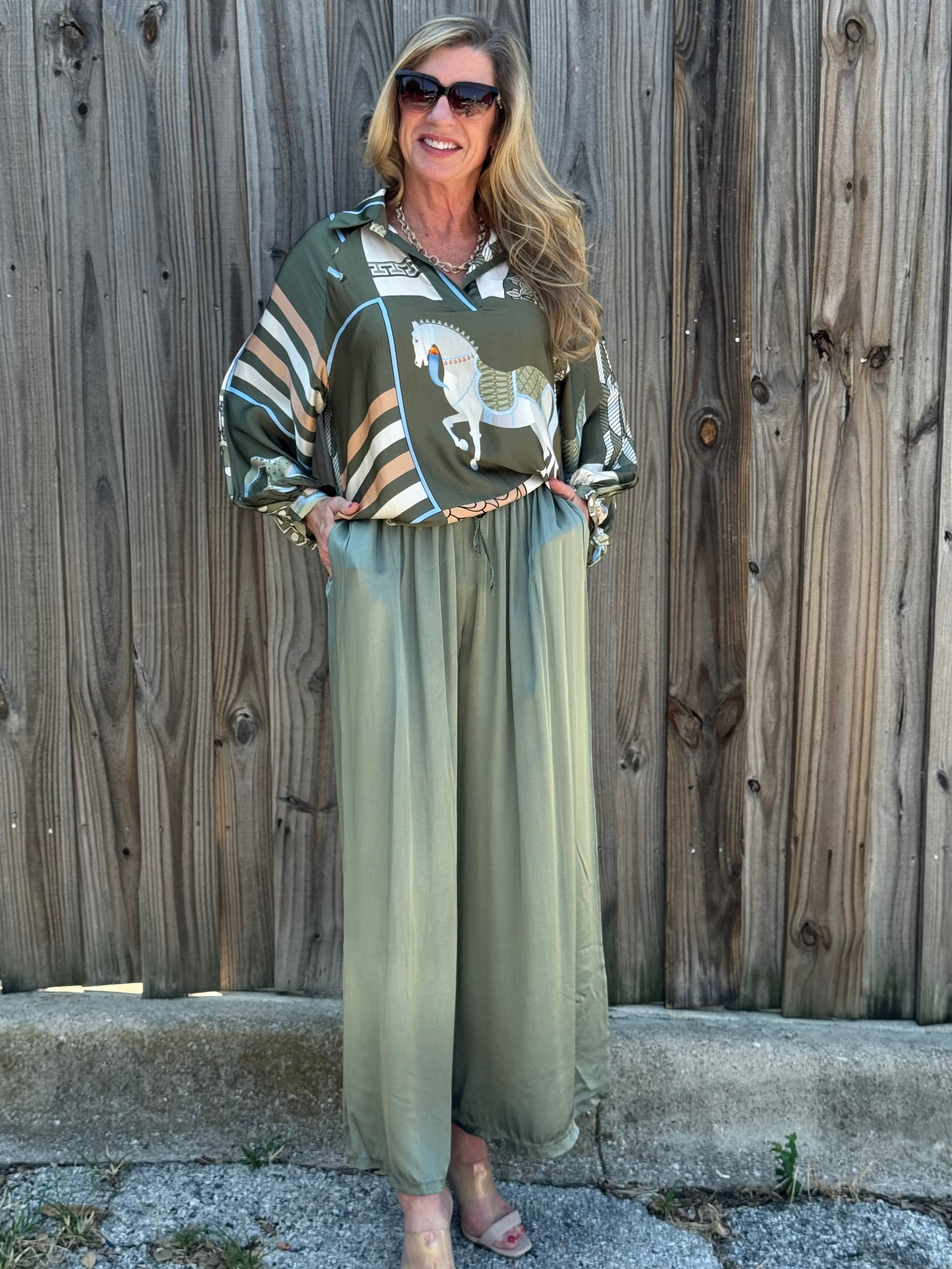Made in Italy Satin Wide Leg Pants in Olive at ooh la la! in Grapevine TX 76051