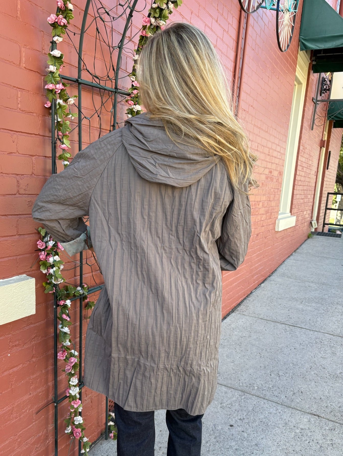 Reversible Hooded Rain Coat In multi blocks/taupe at ooh la la! in Grapevine TX 76051