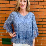 Blue Lace blouse, cotton boho top, bell sleeve shirt, floral embroidery top, scalloped hem blouse, feminine V-neck top, tiered lace top, bohemian fashion, white lace blouse, black vintage style top. at ooh la la! in Grapevine TX 76051