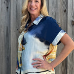 Made in Italy Satin Collared Village Print Blouse in navy at ooh la la! in Grapevine TX 76051