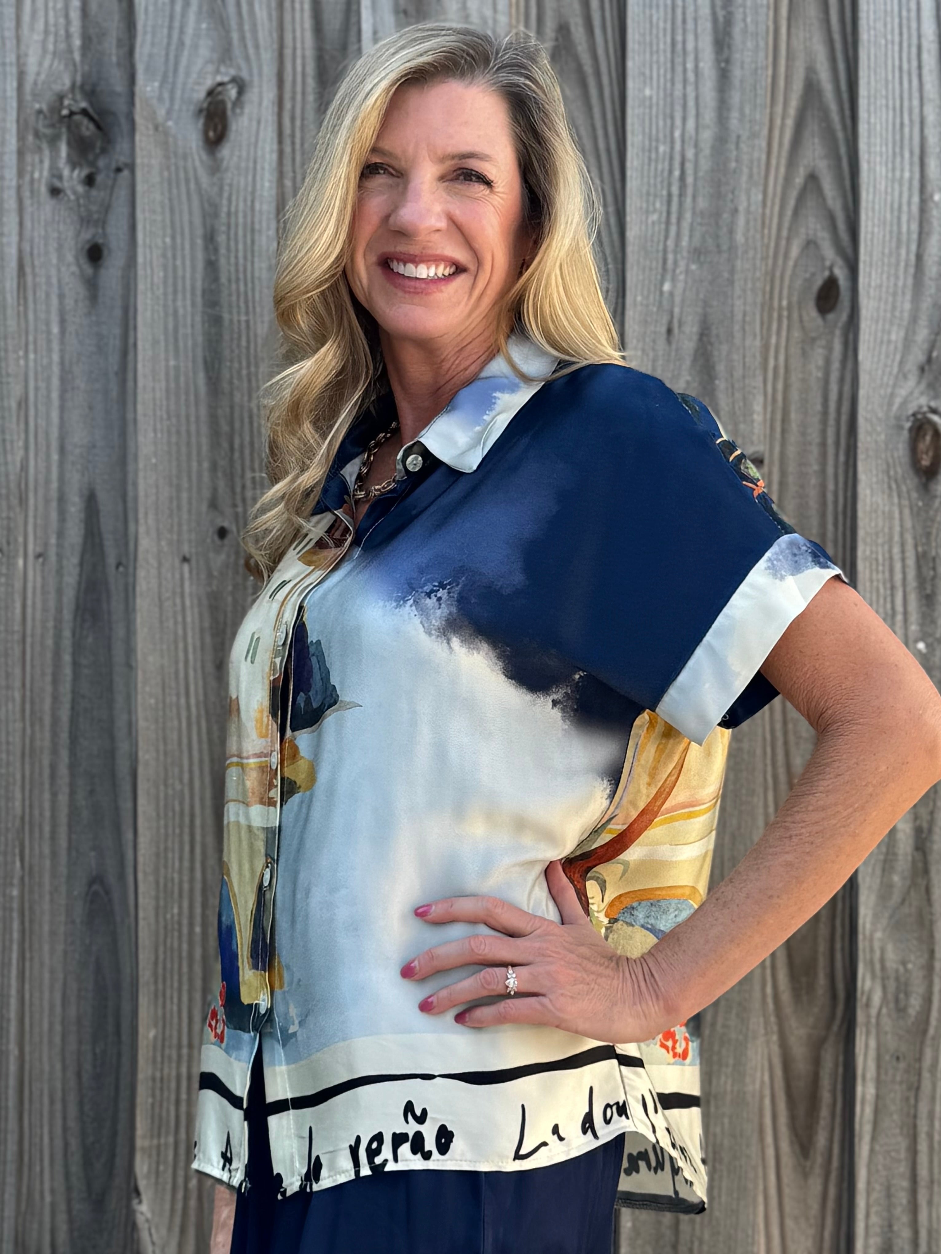 Made in Italy Satin Collared Village Print Blouse in navy at ooh la la! in Grapevine TX 76051