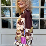 Satin Village Print Long Sleeve Blouse in brown at ooh la la! in Grapevine TX 76051
