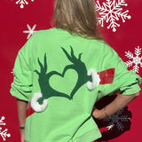 Queen of Sparkles Green Grinch Heart Hands Sweatshirt at ooh la la! in Grapevine TX 76051