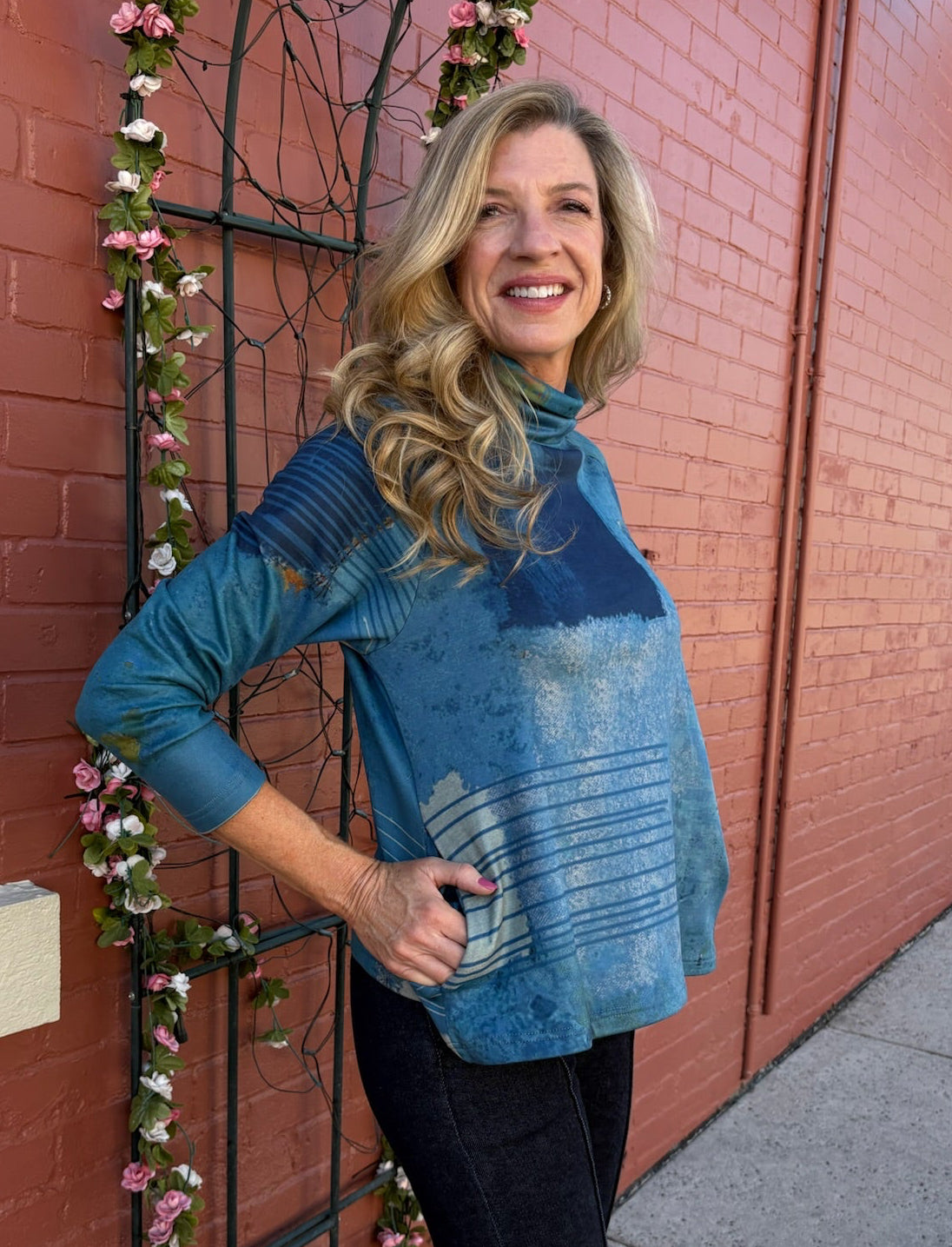 Knit Turtleneck Top in blue blocks at ooh la la! in Grapevine TX 76051