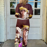 Satin Village Print Pant In brown at ooh la la! in Grapevine TX 76051