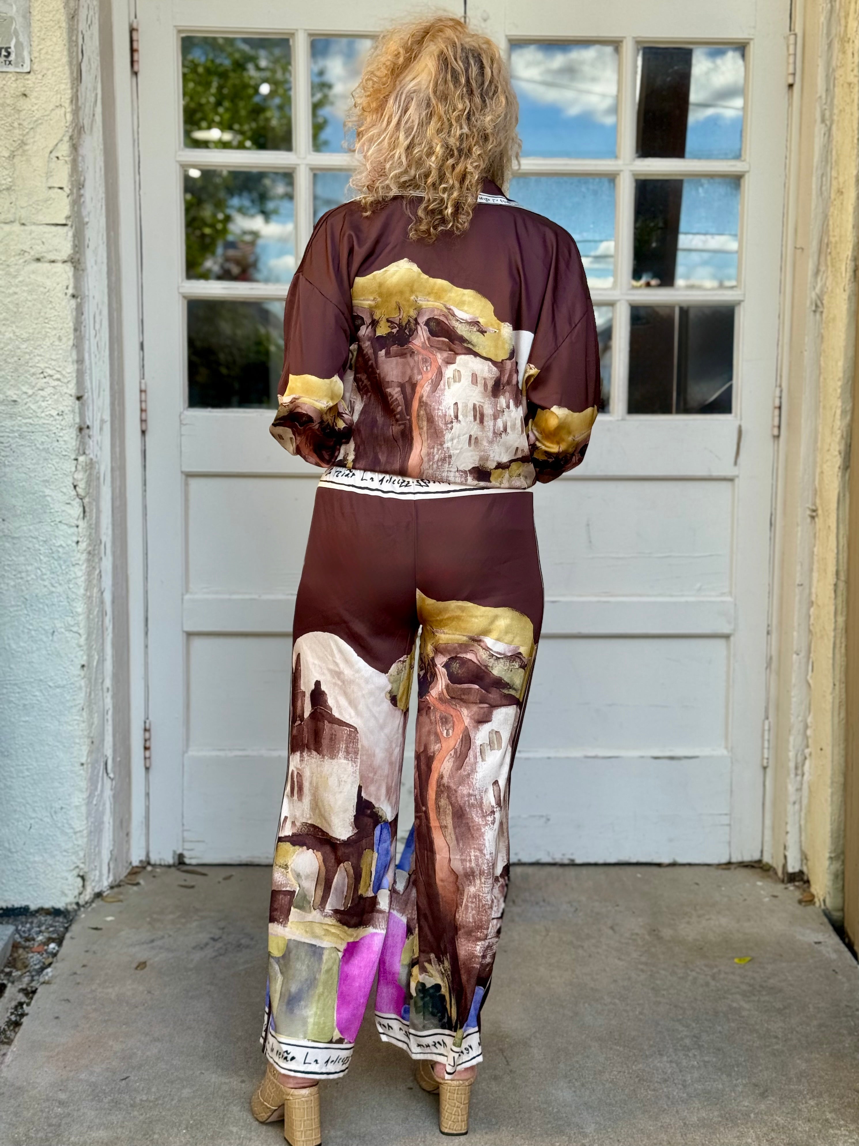 Satin Village Print Pant In brown at ooh la la! in Grapevine TX 76051