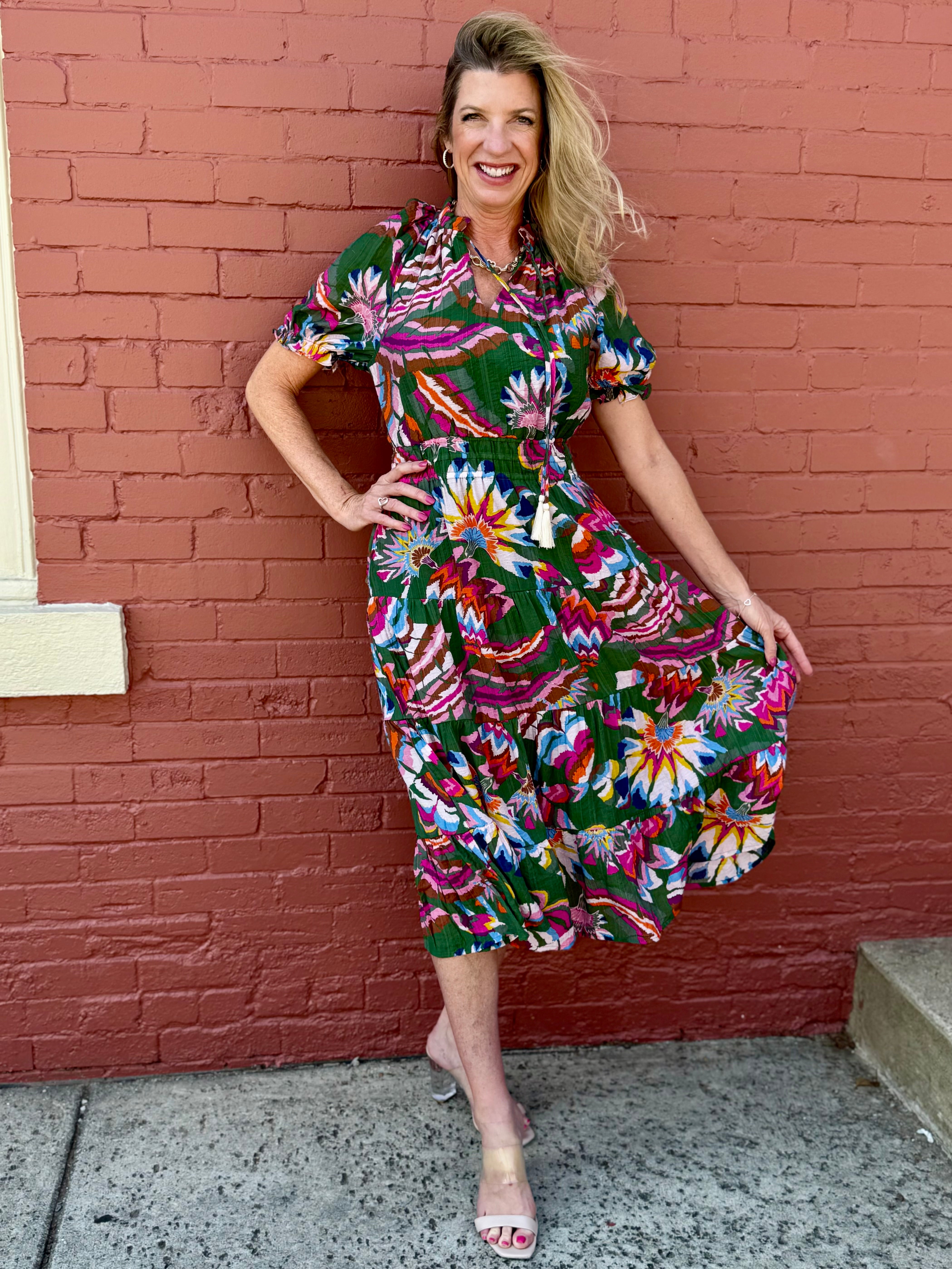 THML Puff Sleeve Print Tiered Midi Dress at Ooh La La! in Grapevine TX 76051
