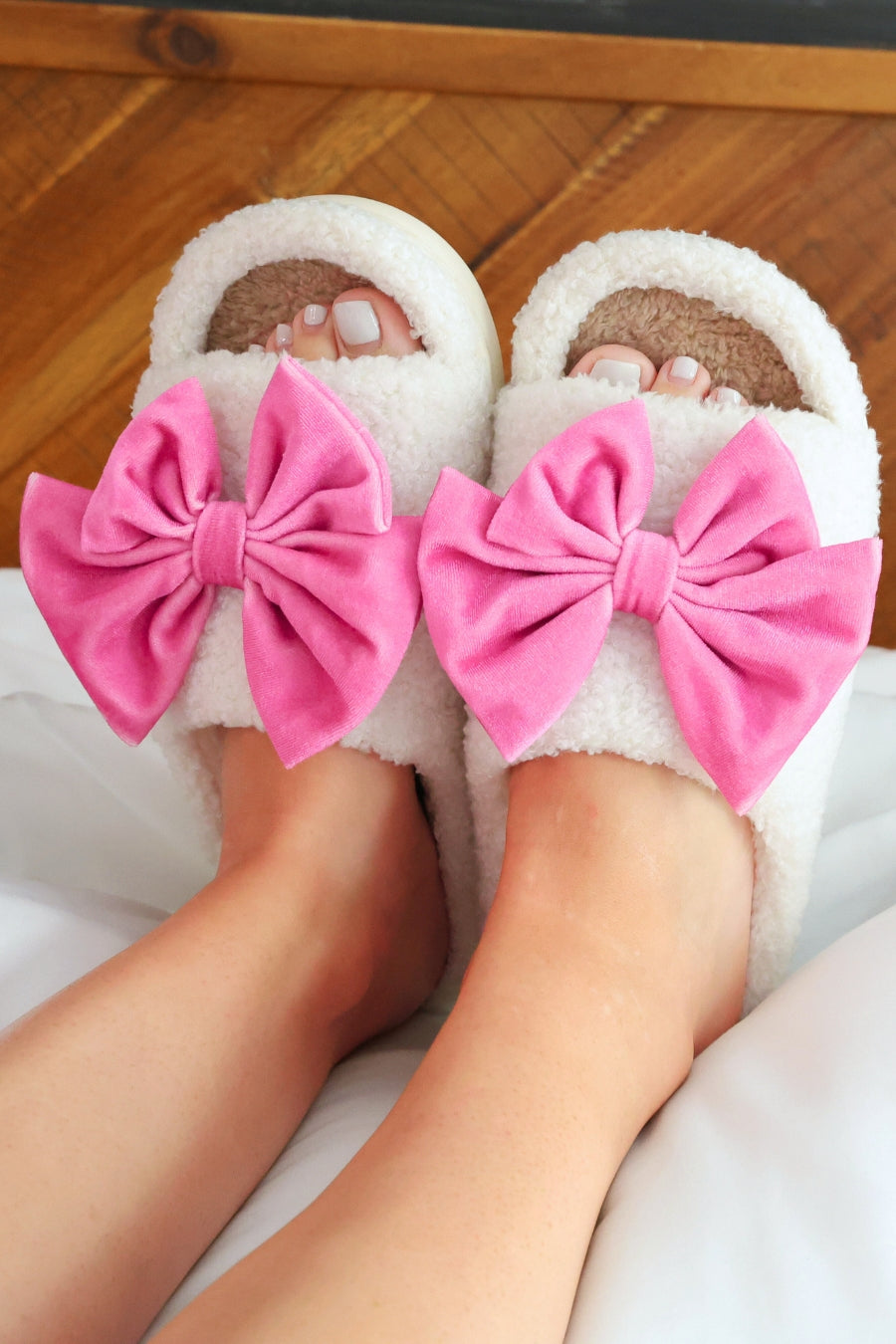White/Pink Open Toe Cozy Bow Slippers at ooh la la! in Grapevine TX 76051