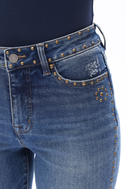 High Rise Boot Cut Brass Rivet Trim Jeans in Medium Blue at ooh la la! in Grapevine TX 76051
