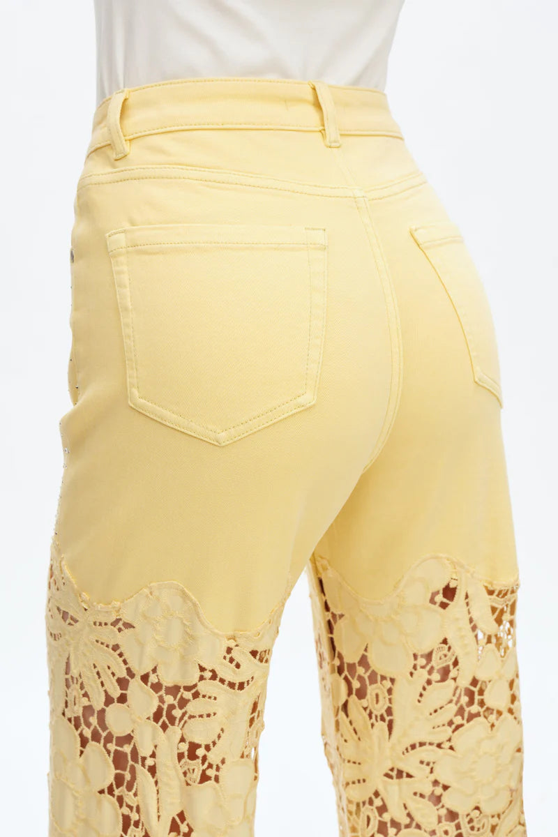 Butter yellow Wide leg jeans, floral lace denim, rhinestone jeans, high rise wide leg, pastel yellow jeans, pink lace jeans, statement denim, women’s high stretch jeans. at ooh la la! in Grapevine TX 76051