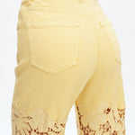 Butter yellow Wide leg jeans, floral lace denim, rhinestone jeans, high rise wide leg, pastel yellow jeans, pink lace jeans, statement denim, women’s high stretch jeans. at ooh la la! in Grapevine TX 76051