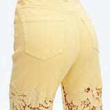 Butter yellow Wide leg jeans, floral lace denim, rhinestone jeans, high rise wide leg, pastel yellow jeans, pink lace jeans, statement denim, women’s high stretch jeans. at ooh la la! in Grapevine TX 76051