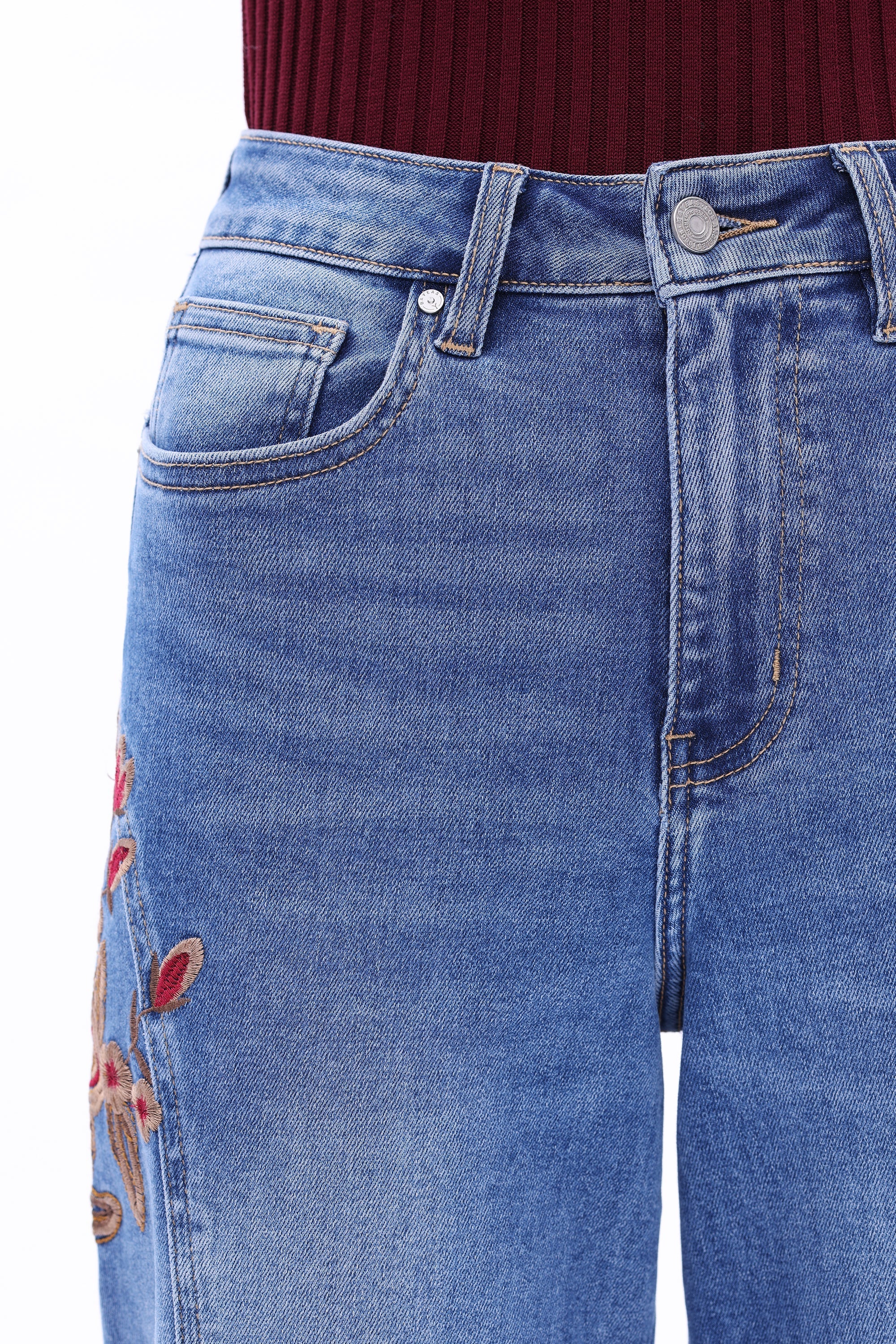 Charming Flowers Embroidered Mid Rise Wide Leg Jeans at ooh la la! in Grapevine TX 76051