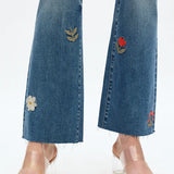 embroidered jeans, daisy denim, mid rise bootcut, floral flare jeans, boho style jeans, women's flower jeans, stretch denim, retro flare, Flora jeans at ooh la la! in Grapevine TX 76051