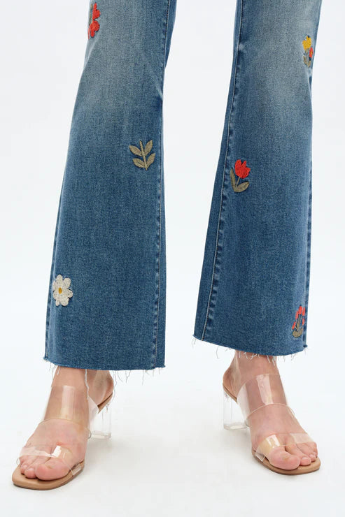 embroidered jeans, daisy denim, mid rise bootcut, floral flare jeans, boho style jeans, women's flower jeans, stretch denim, retro flare, Flora jeans at ooh la la! in Grapevine TX 76051