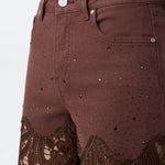 High Rise Embroidered Lace Wide Leg Jeans with Rhinestones in Chocolate Brown at ooh la la! in Grapevine TX 76051