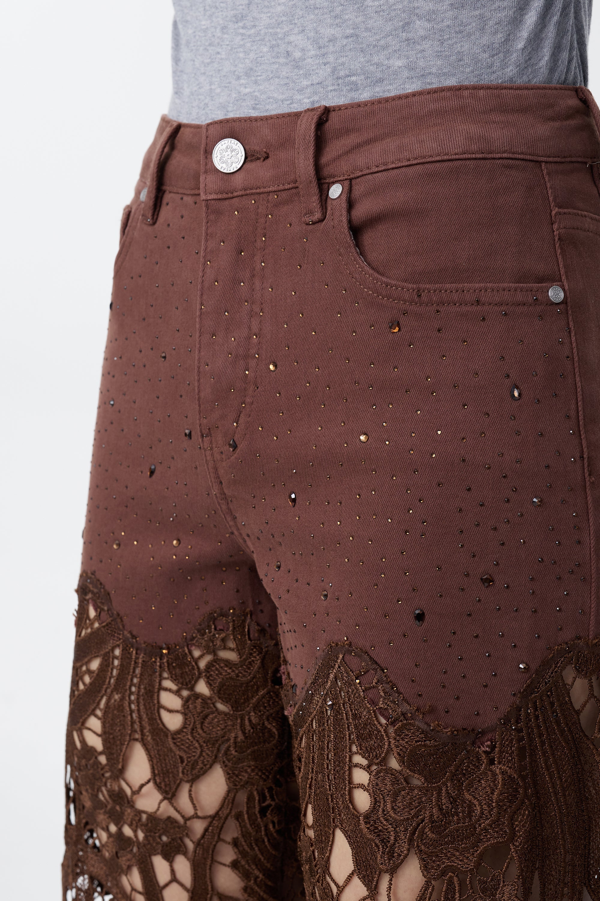 High Rise Embroidered Lace Wide Leg Jeans with Rhinestones in Chocolate Brown at ooh la la! in Grapevine TX 76051