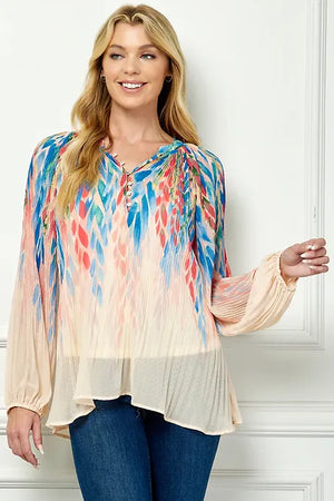 Olive Hill Feather Print Crystal Pleat Top at ooh la la! in Graevine TX 76051