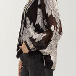 Liverpool long sleeve chiffon jacquard top with ties in black multi floral print