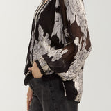 Liverpool long sleeve chiffon jacquard top with ties in black multi floral print