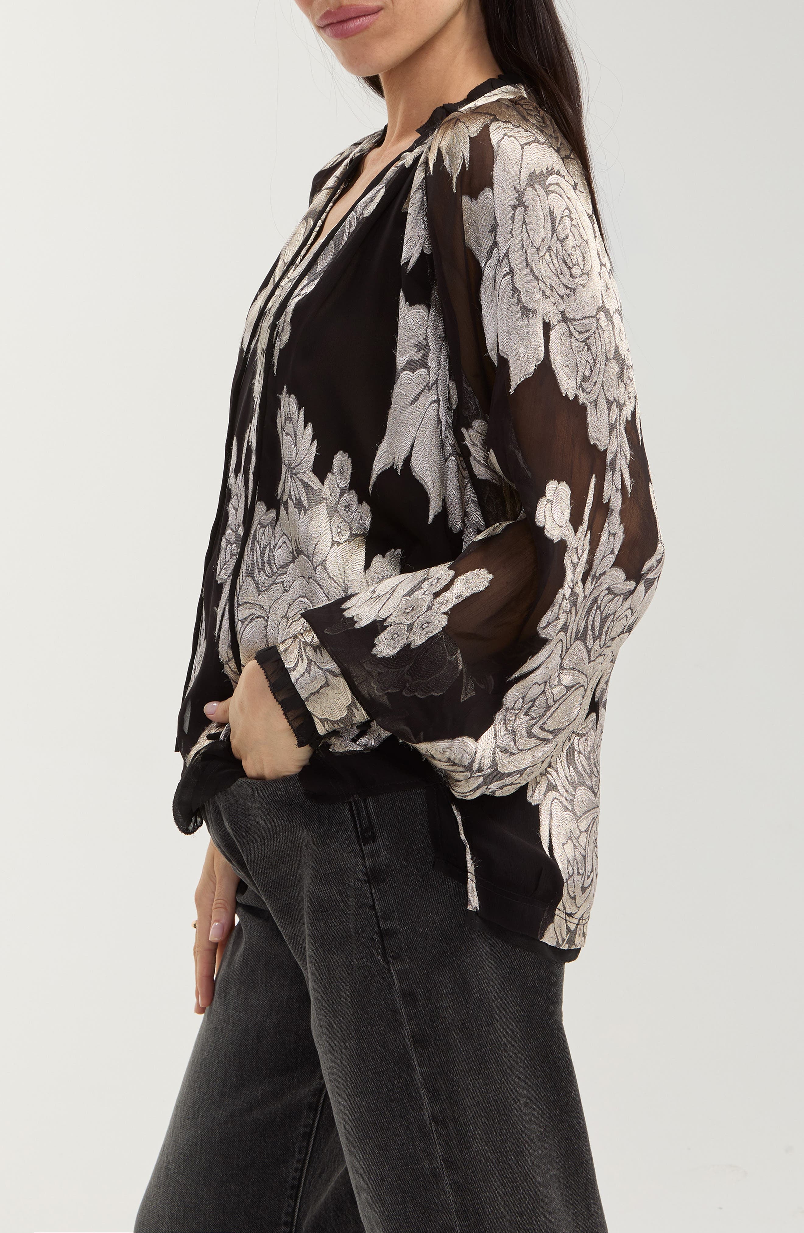 Liverpool long sleeve chiffon jacquard top with ties in black multi floral print