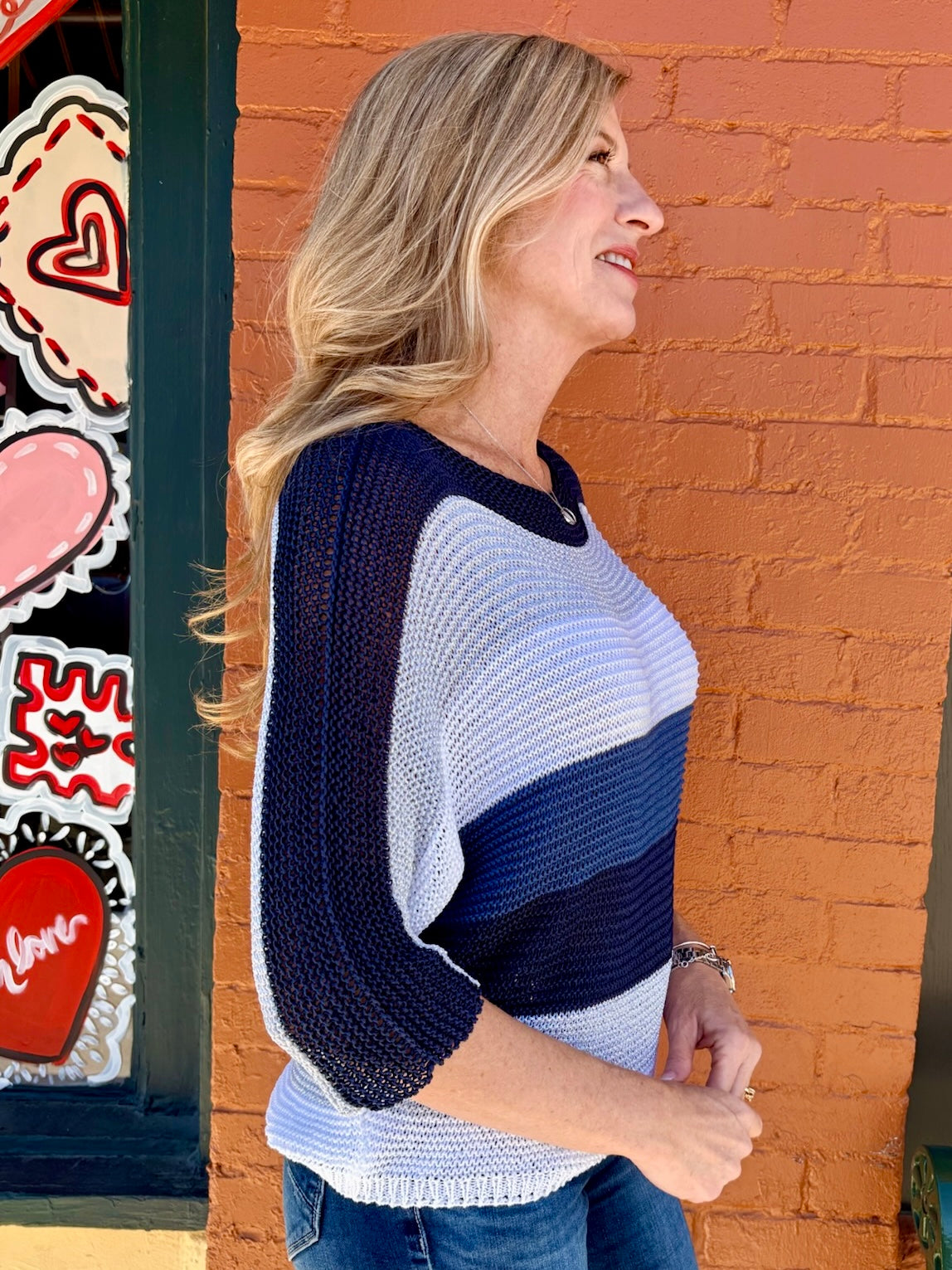 Glitter Stripe Boat Neck Sweater in navy at ooh la la! in Grapevine TX 76051