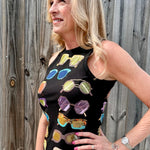 Queen of Sparkles tank, sequin sunglasses top, black ribbed tank, luxury party wear, colorful sequin shirt, designer summer fashion, sparkle tank top, boutique statement top. at ooh la la! in Grapevine TX 76051