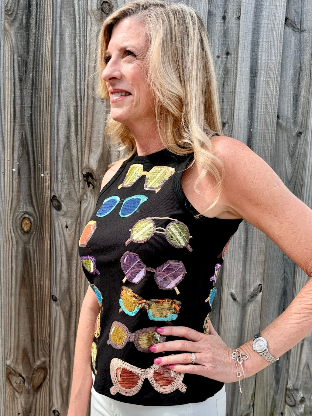 Queen of Sparkles tank, sequin sunglasses top, black ribbed tank, luxury party wear, colorful sequin shirt, designer summer fashion, sparkle tank top, boutique statement top. at ooh la la! in Grapevine TX 76051