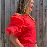Red Ruffle sleeve tee, women's tiered sleeve top, flutter sleeve blouse, Zenara fashion, elbow length ruffle top, feminine casual wear, elegant knit tee, boutique ruffle top. at ooh la la! in Grapevine TX 76051