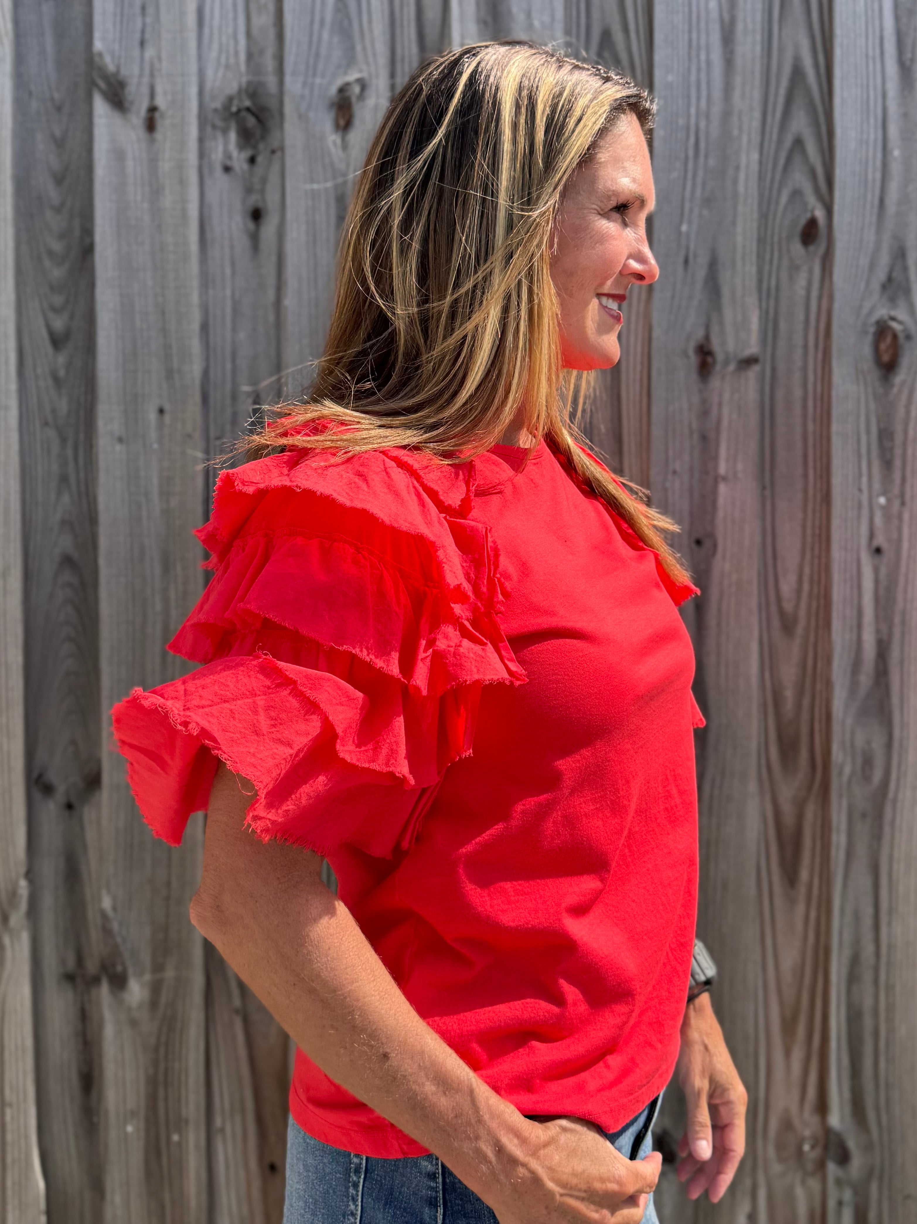 Red Ruffle sleeve tee, women's tiered sleeve top, flutter sleeve blouse, Zenara fashion, elbow length ruffle top, feminine casual wear, elegant knit tee, boutique ruffle top. at ooh la la! in Grapevine TX 76051