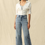 Falling Leaves Crystallized Cutouts Mid Rise Wide Leg Statement Jeans at ooh la la! in Grapevine TX 76051