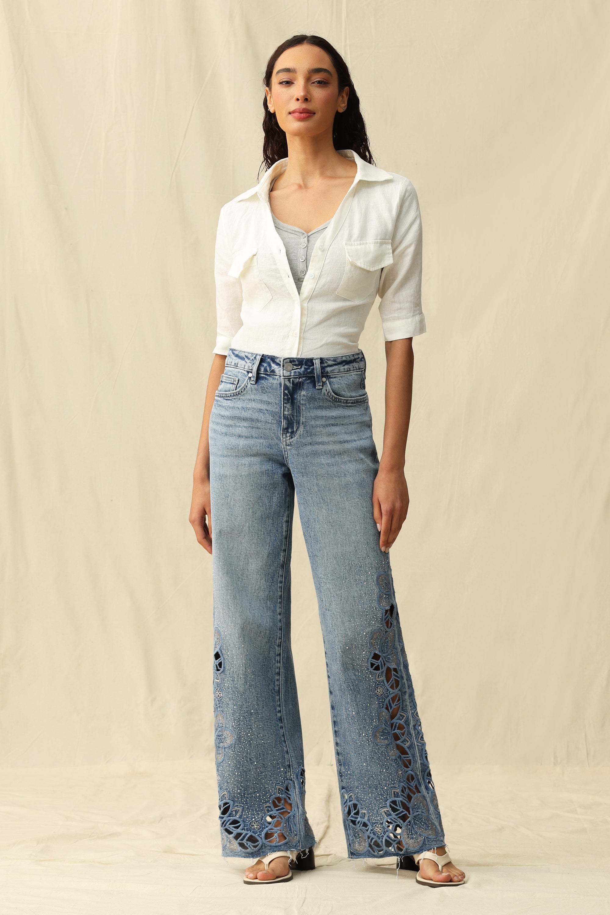 Falling Leaves Crystallized Cutouts Mid Rise Wide Leg Statement Jeans at ooh la la! in Grapevine TX 76051