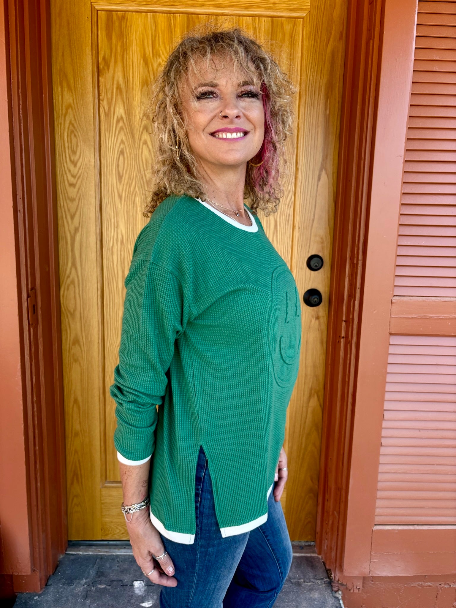 Happy Holiday Trees Embossed Waffle Sweatshirt in green at ooh la la! in Grapevine TX 76051