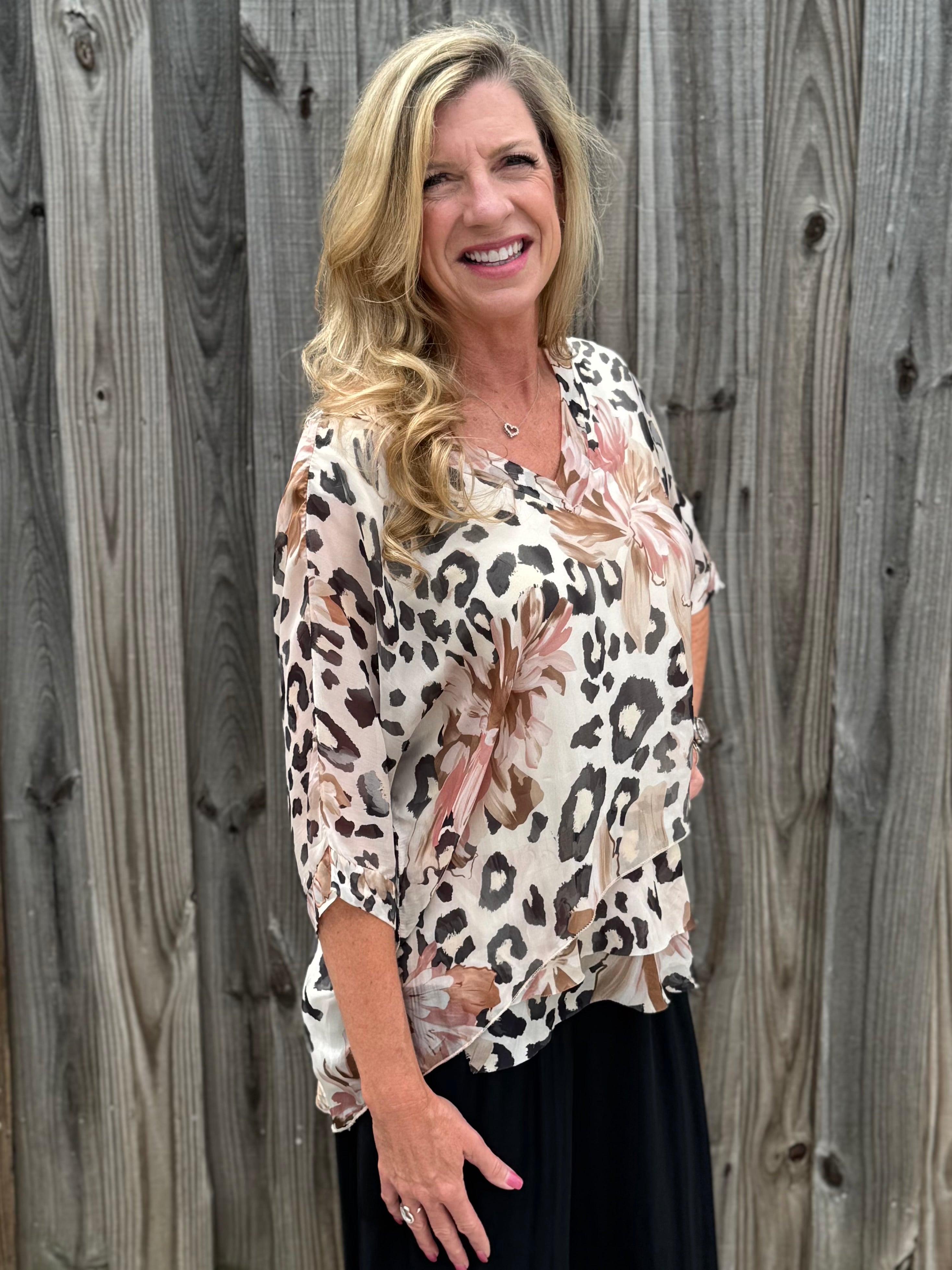 Cheetah Flower Silk VNeck Blouse at ooh la la! in Grapevine TX 76051