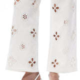 Pearl-Embellished Petal Cutout Straight Leg Jeans