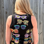 Queen of Sparkles tank, sequin sunglasses top, black ribbed tank, luxury party wear, colorful sequin shirt, designer summer fashion, sparkle tank top, boutique statement top. at ooh la la! in Grapevine TX 76051