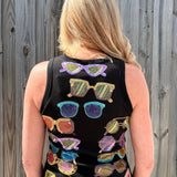 Queen of Sparkles tank, sequin sunglasses top, black ribbed tank, luxury party wear, colorful sequin shirt, designer summer fashion, sparkle tank top, boutique statement top. at ooh la la! in Grapevine TX 76051