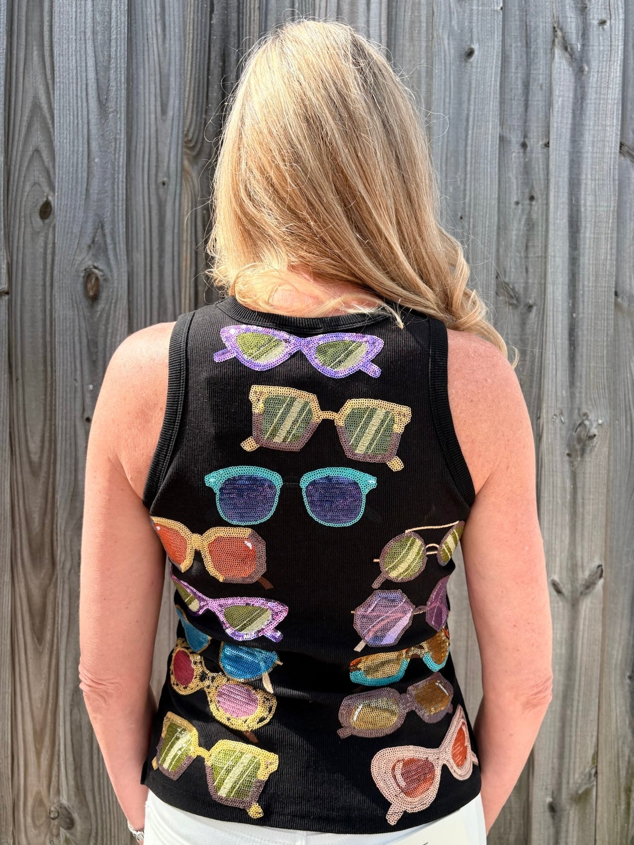 Queen of Sparkles tank, sequin sunglasses top, black ribbed tank, luxury party wear, colorful sequin shirt, designer summer fashion, sparkle tank top, boutique statement top. at ooh la la! in Grapevine TX 76051