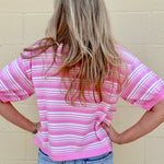 Pink Striped Polo Top, Pink Knit Shirt, Women's Polo Sweater, Short Sleeve Knit, Preppy Fashion, Relaxed Fit Top, Striped Knitwear, Casual Chic, Retro Polo at ooh la la! in Grapevine TX 76051